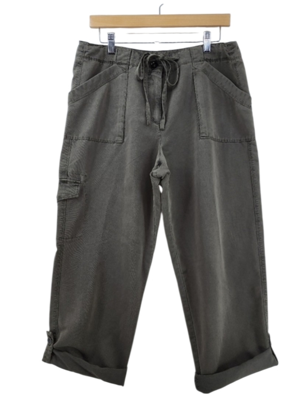 Sandro Cropped Cargo Pants Olive Green Women's 12 Drawstring Waist Roll Tab